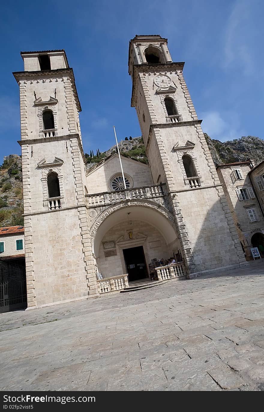 Montenegro, Kotor, Cathedral of Saint Tryphon in clear weather. Montenegro, Kotor, Cathedral of Saint Tryphon in clear weather.