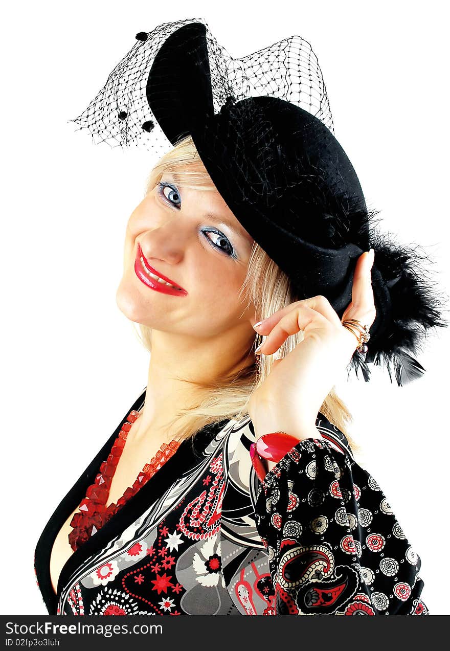 Beautiful blond woman in fashion dress and old stile hat with glass of wine isolated on the white. Studio shoot for actress in retro stile. Beautiful blond woman in fashion dress and old stile hat with glass of wine isolated on the white. Studio shoot for actress in retro stile.