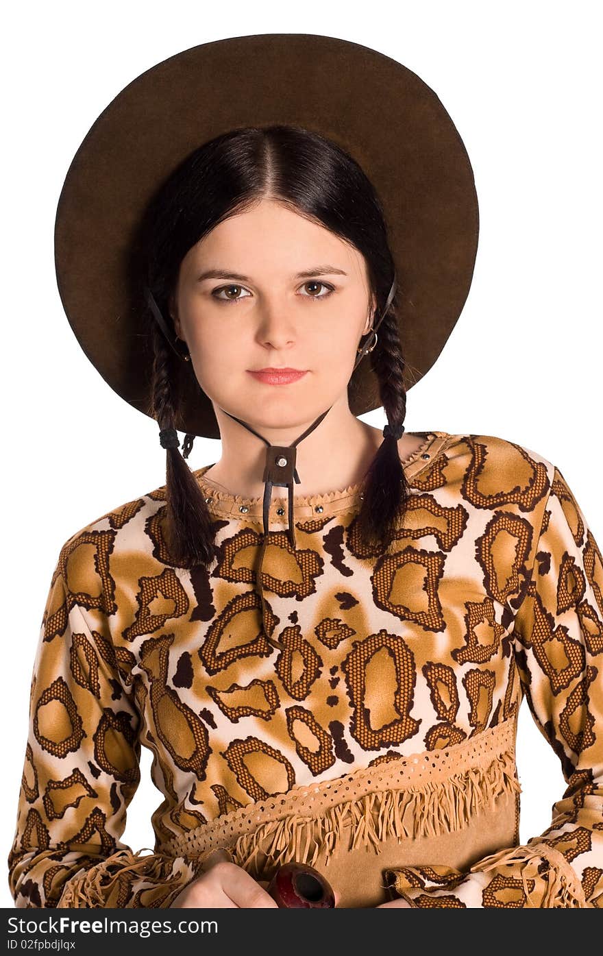 Beautiful young caucasian girl in a cowboy hat over white background. Beautiful young caucasian girl in a cowboy hat over white background