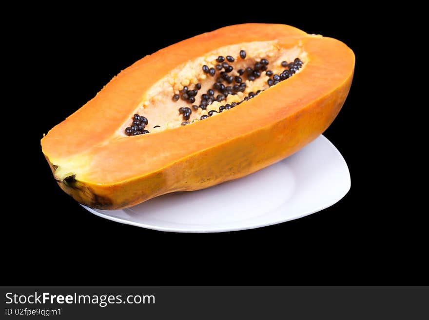 Papaya On Plate Isolated On Black