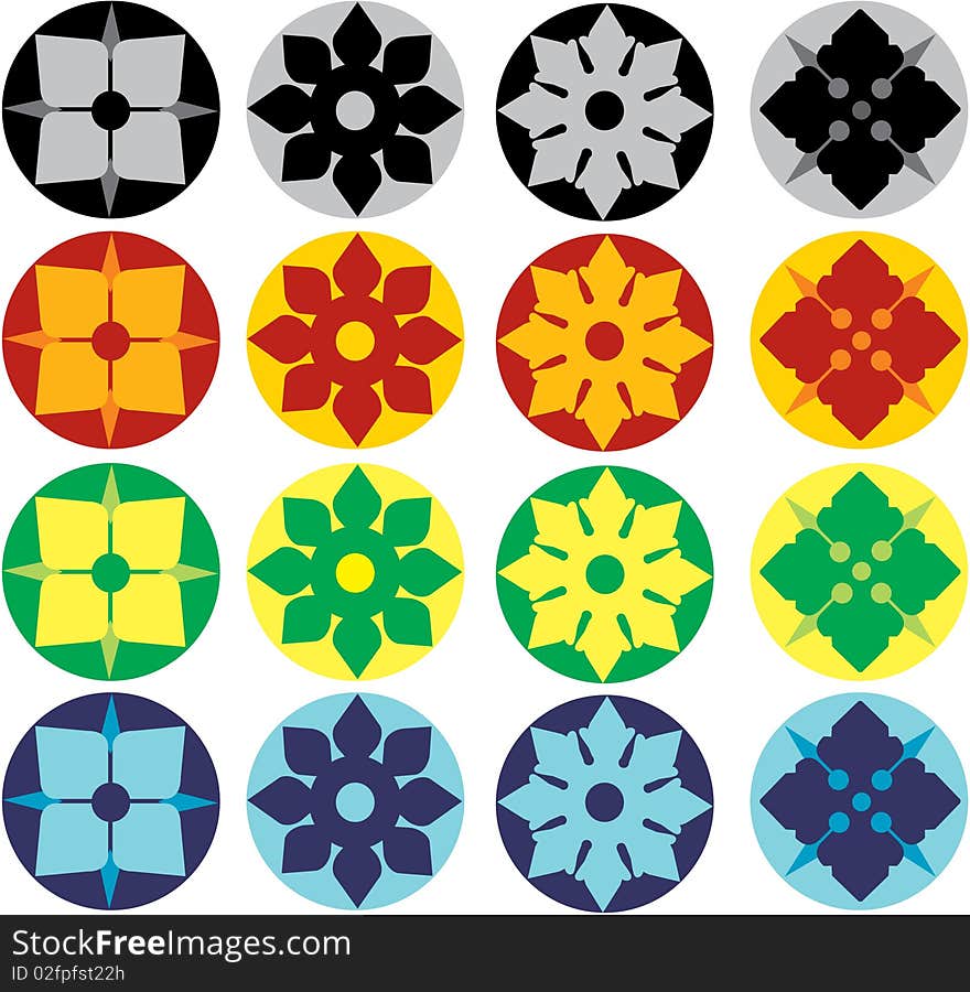 Four floral geometric japaniese chrests in four color schemes organazed as a square motive. Four floral geometric japaniese chrests in four color schemes organazed as a square motive