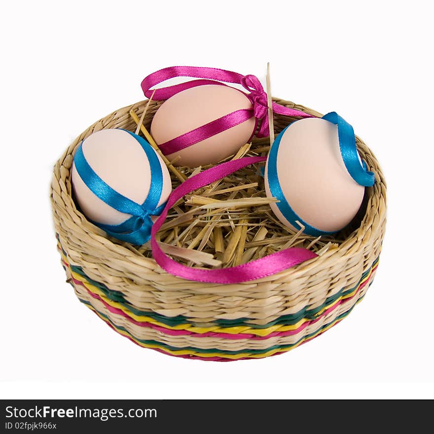 Easter basket with eggs on a white background.