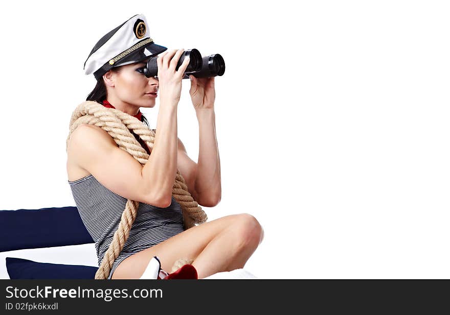 20-25 years old beautiful woman wearing sailor hat. 20-25 years old beautiful woman wearing sailor hat