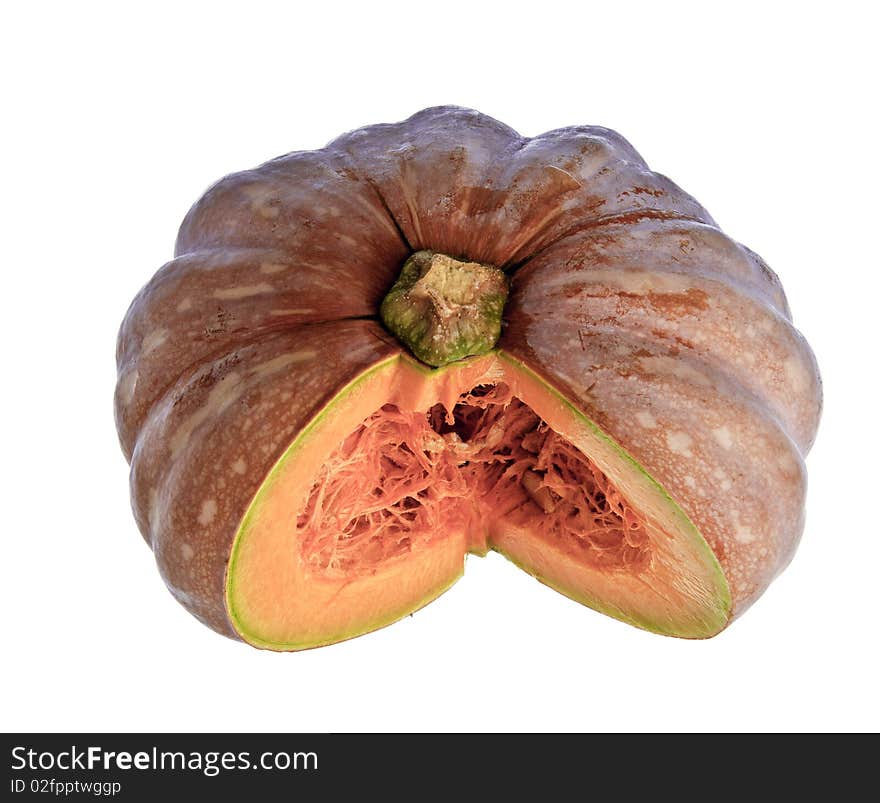 A cut pumpkin against a white background