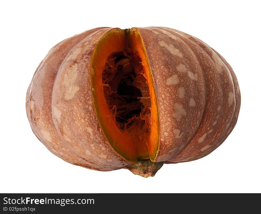 A cut pumpkin against a white background