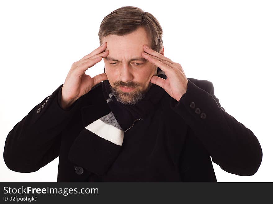 Man in a black coat thinking on a white background