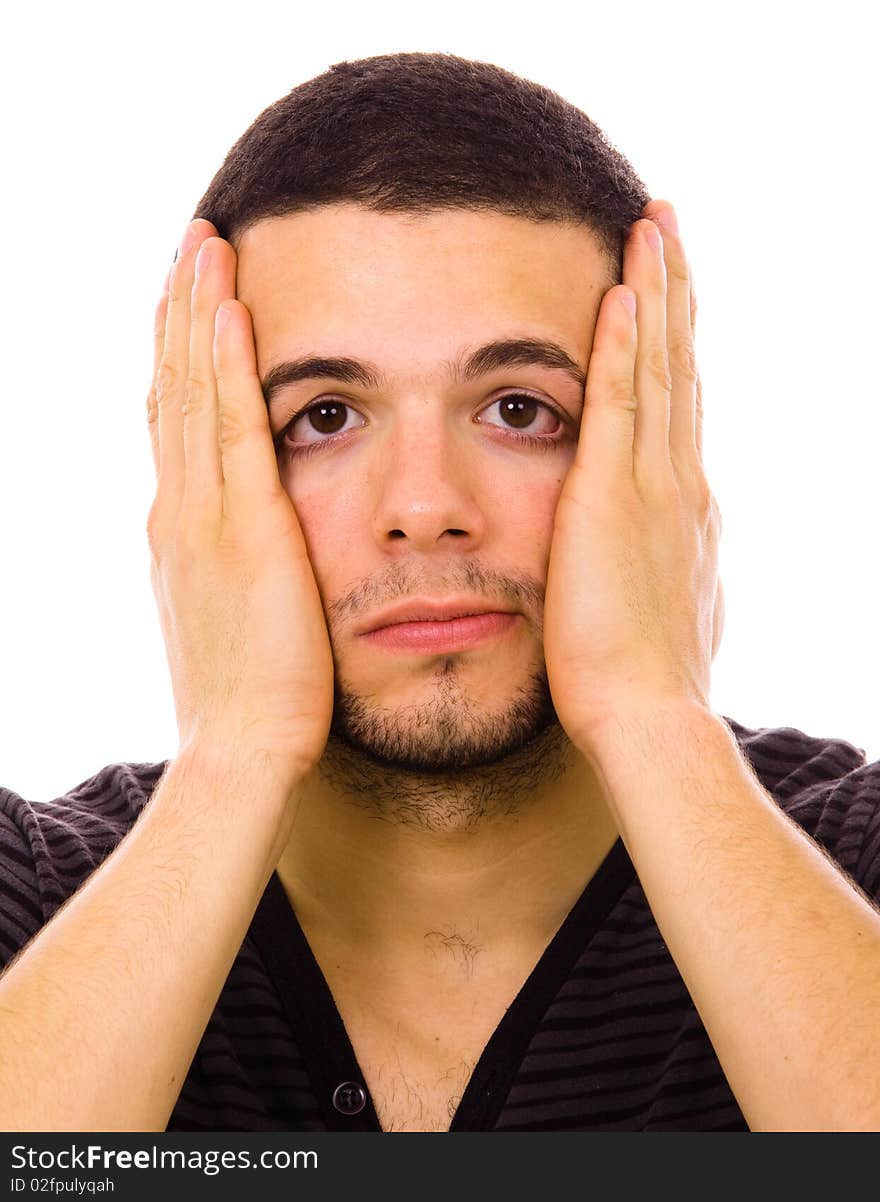 Portrait of a young man in agony, with a headache