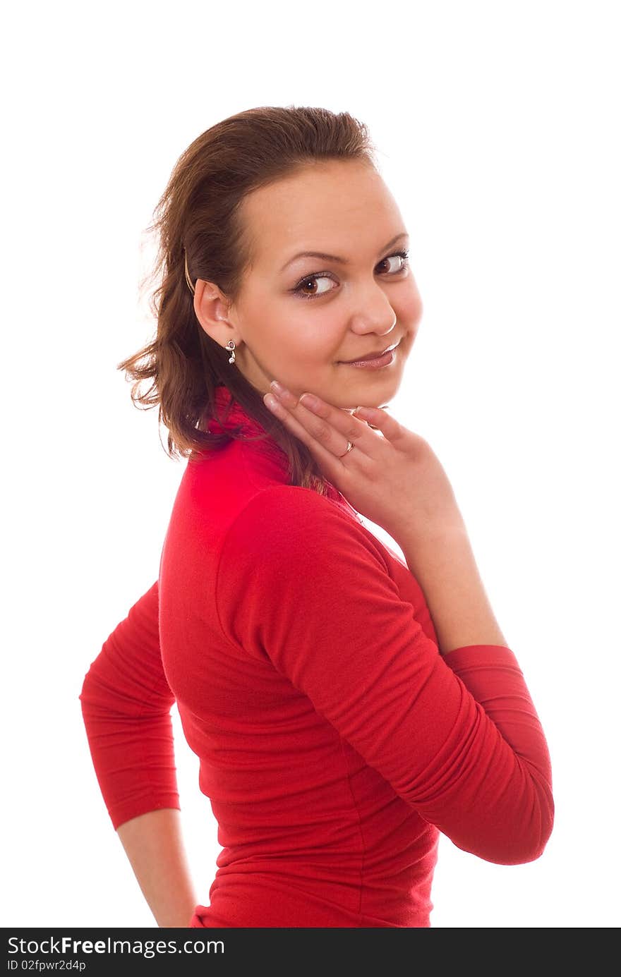 Young girl in the red on a white background. Young girl in the red on a white background