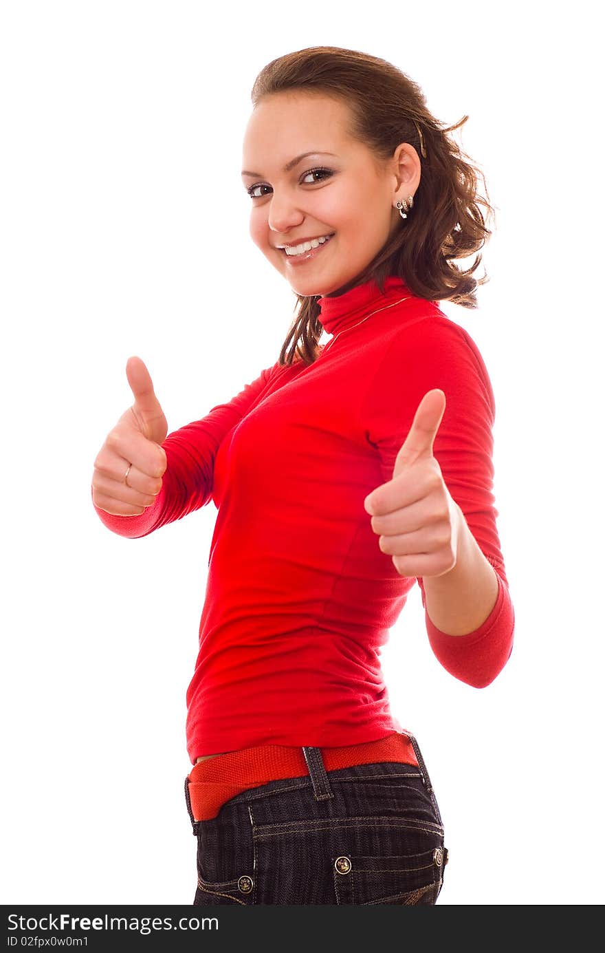 Happy young girl in the red on a white background