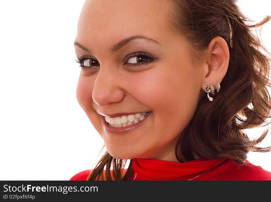 Happy young girl in the red on a white background. Happy young girl in the red on a white background