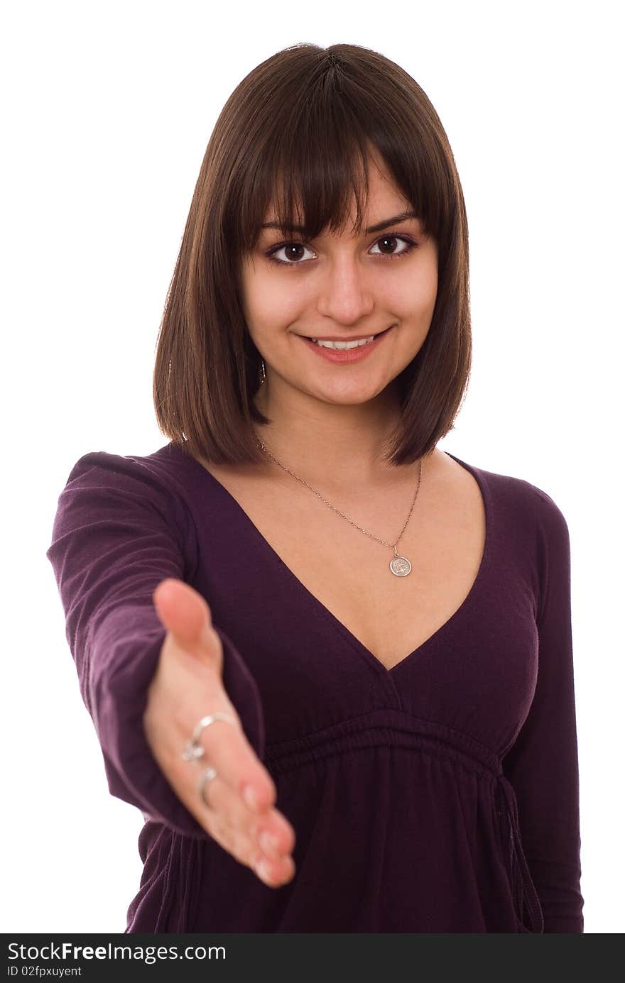 Young girl standing on a white background