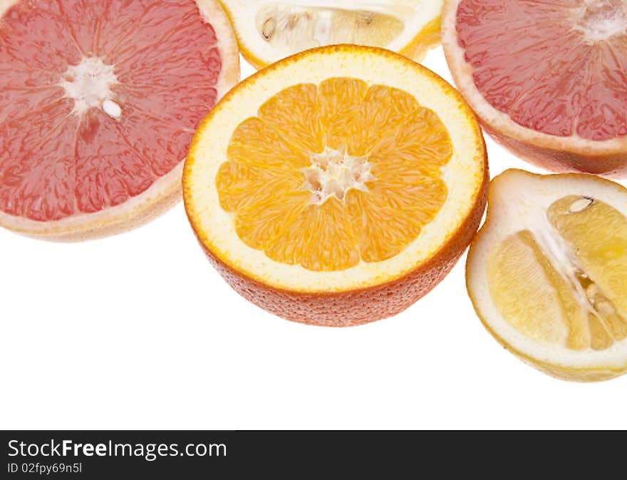 Group of citrus border or background image including oranges, grapefruit and lemons.