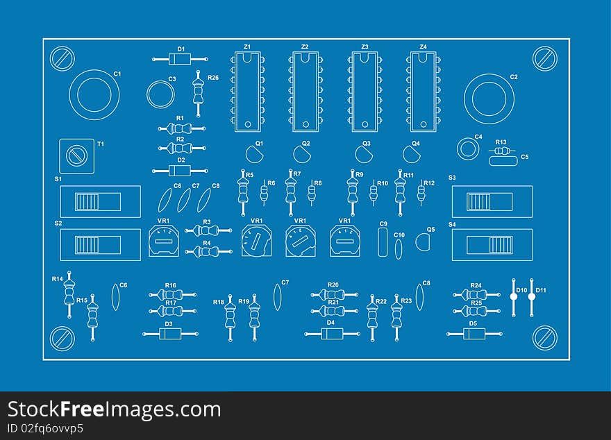 A blue print style illustration of a printed circuit board