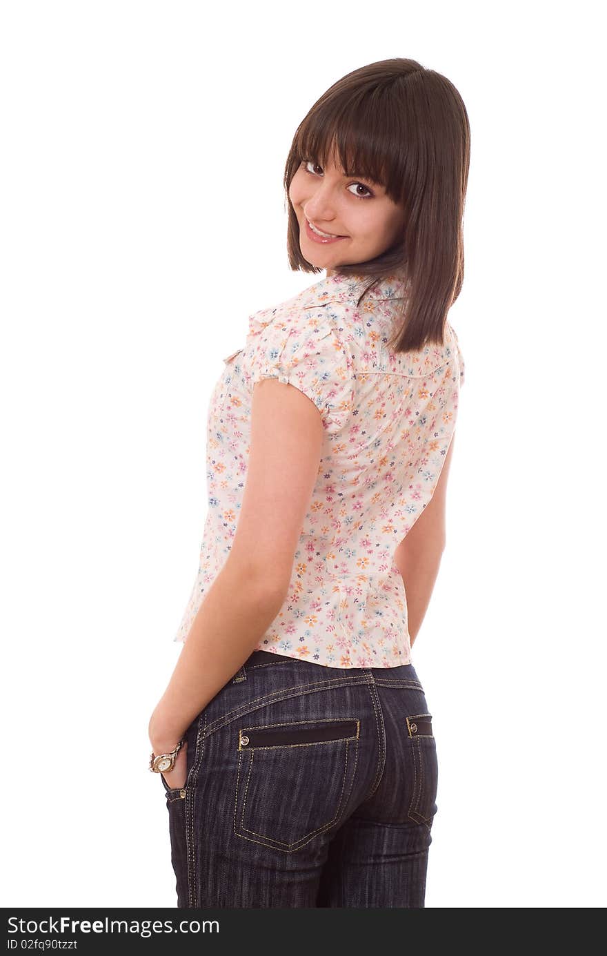 Young pretty girl standing on a white background