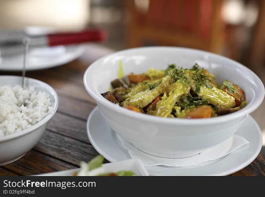 Chicken curry with pumpkin dish in restaurant