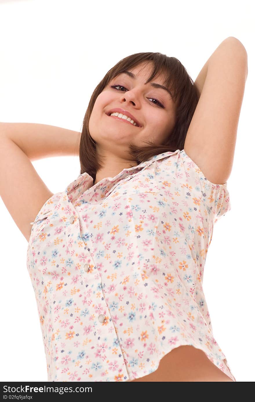 Beautiful girl smiling on a white