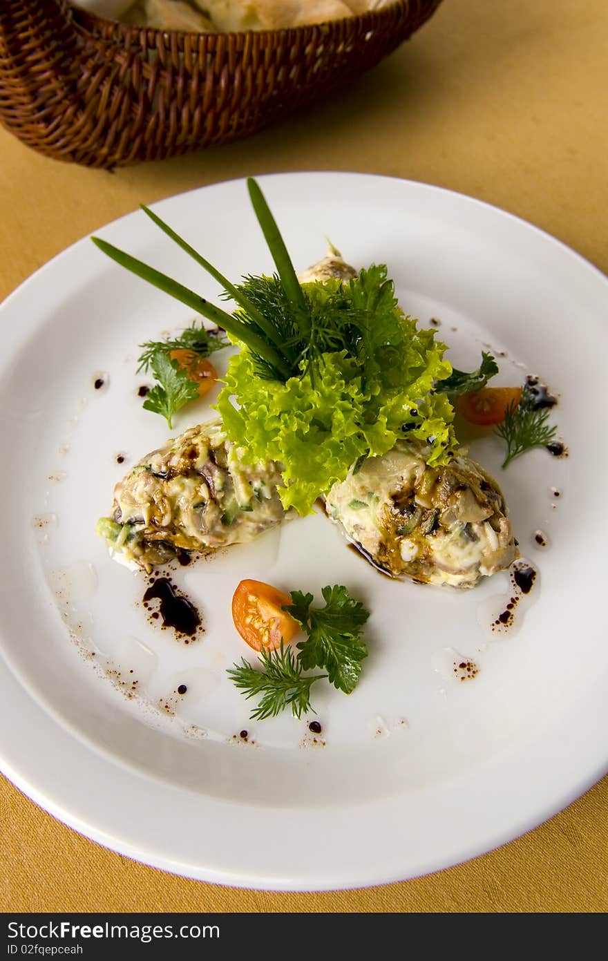 Salad served with green onions and fish restaurant