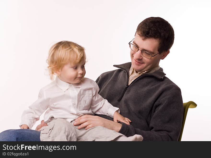 Man and child on white