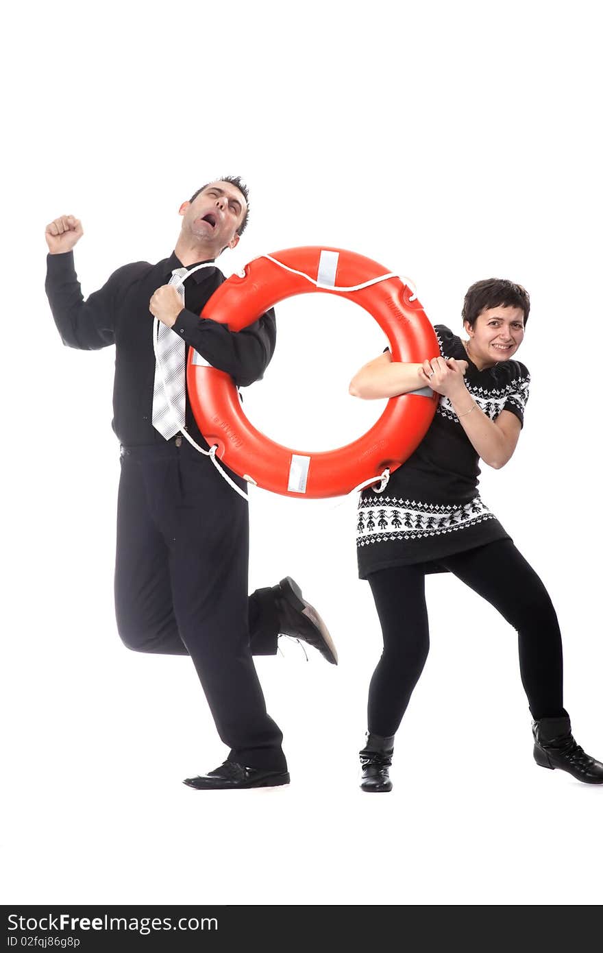 Funny man and woman pulling lifebuoy