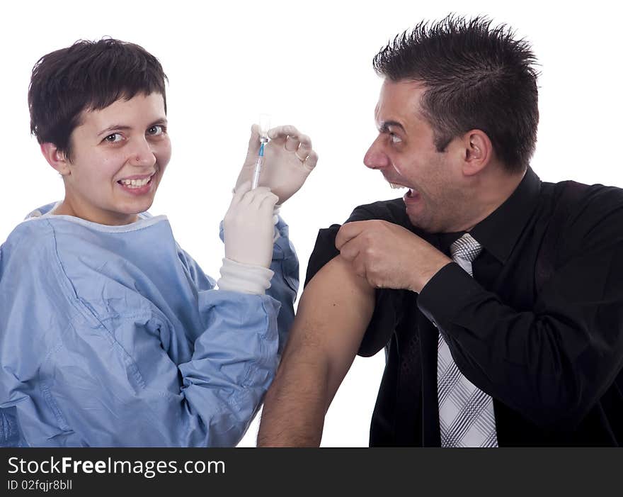 Funny young man very scared of injections