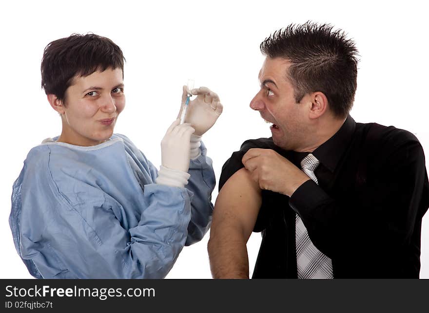 Funny young man very scared of injections