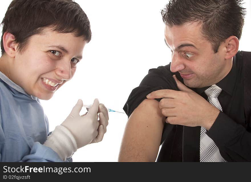 Funny young man very scared of injections