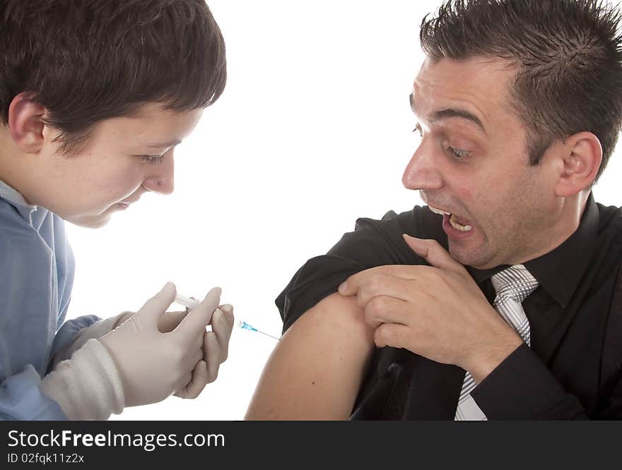 Funny young man scared of injections