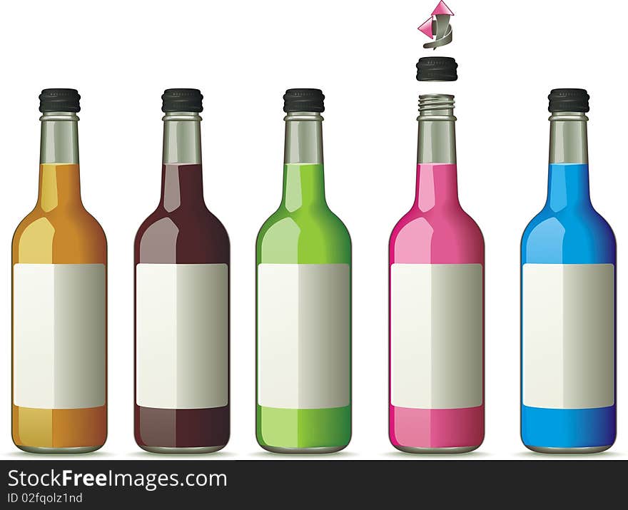 Five bottles with color drinks