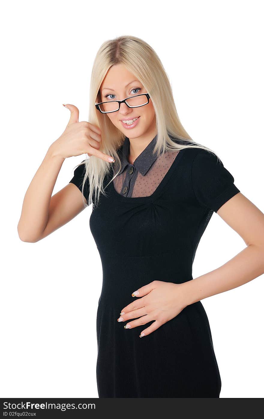 Young charming blonde in a dark dress with glasses