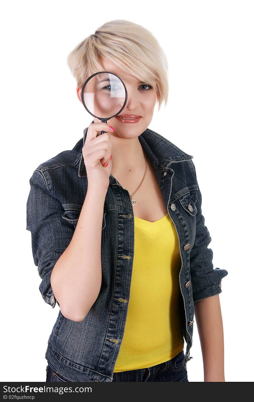 Charming girl student in a denim suit isolated on white