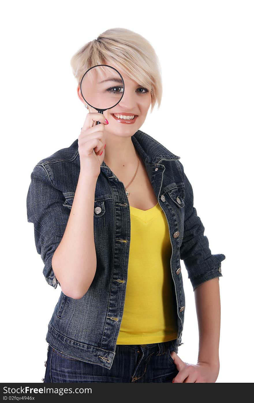 Charming girl student in a denim suit isolated on white