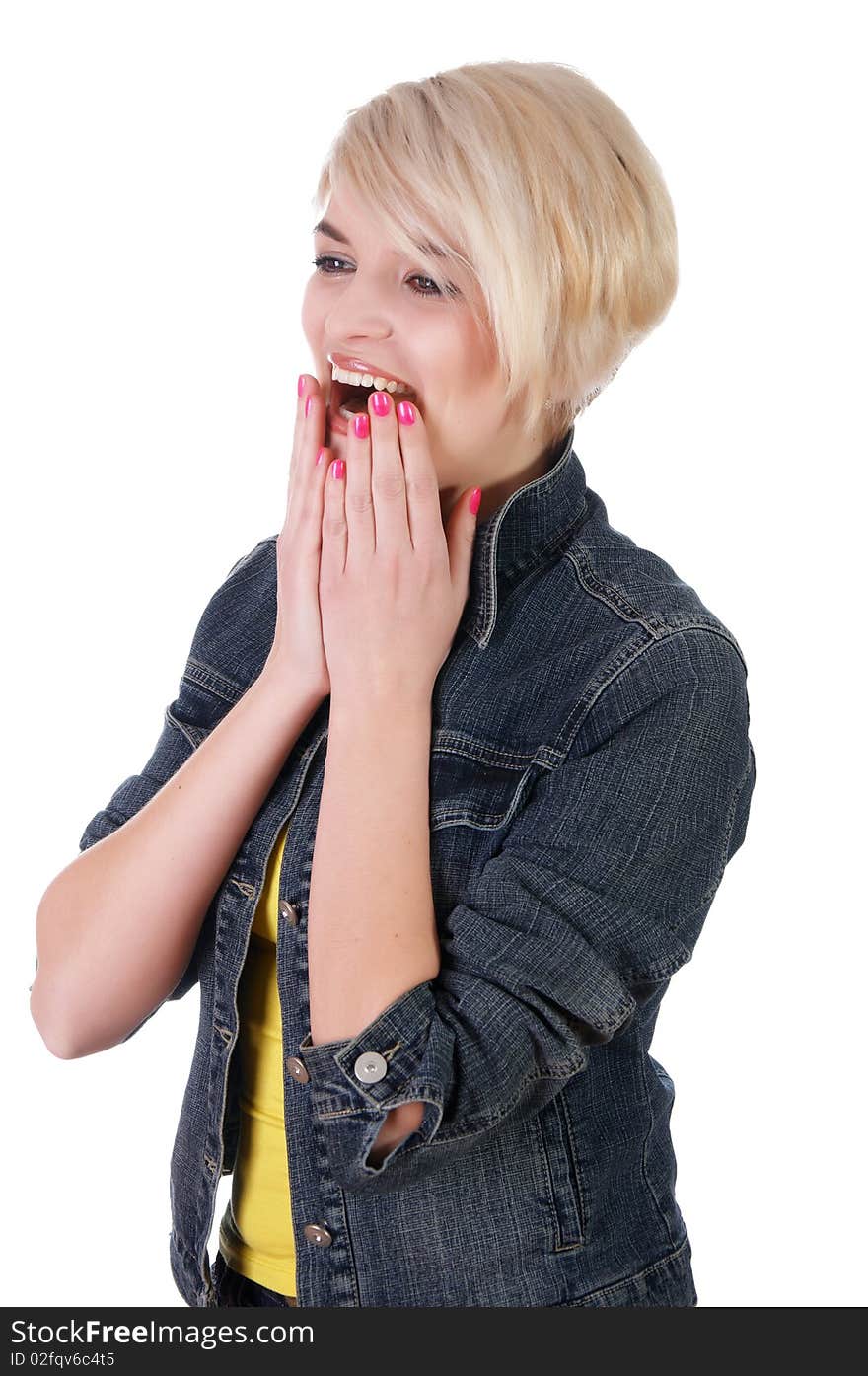 Charming girl student in a denim suit isolated on white