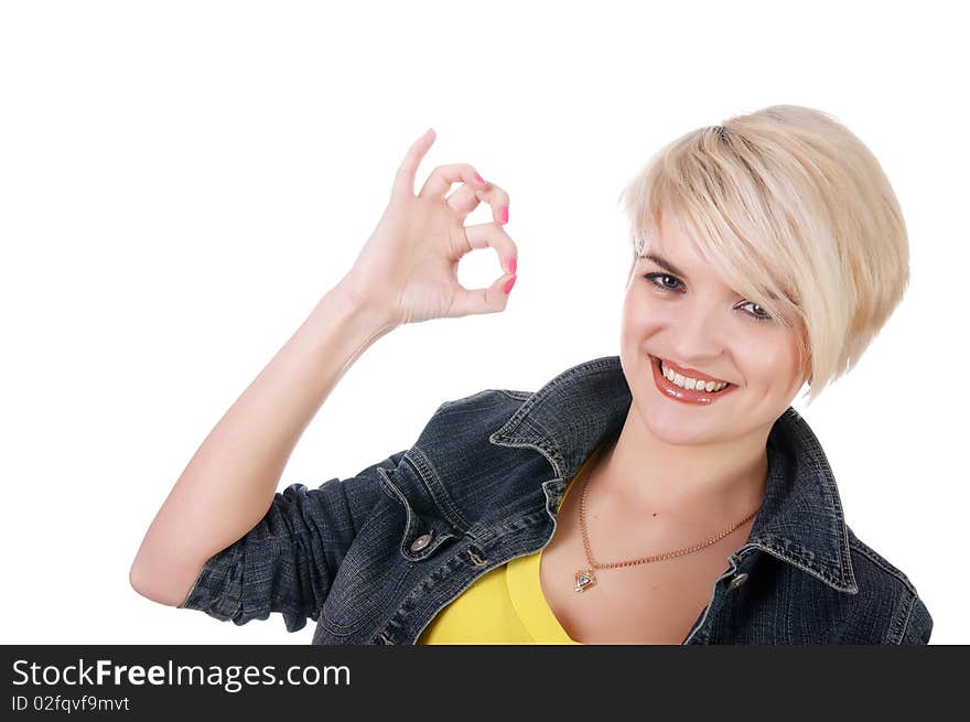 Charming girl student in a denim suit isolated on white