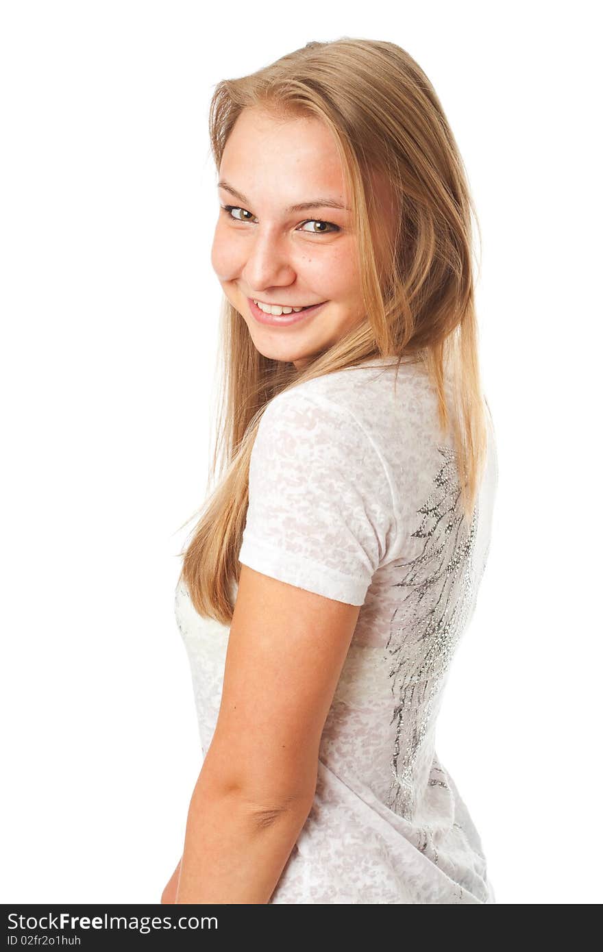 The young beautiful girl isolated on a white