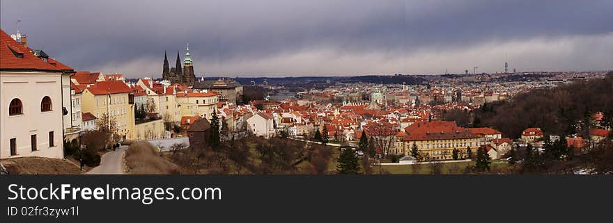 Beautiful panoramic view of Prague and St. Vitus' Cathedral in the distance. Photo acquired from the Benedictine monastery. Beautiful panoramic view of Prague and St. Vitus' Cathedral in the distance. Photo acquired from the Benedictine monastery