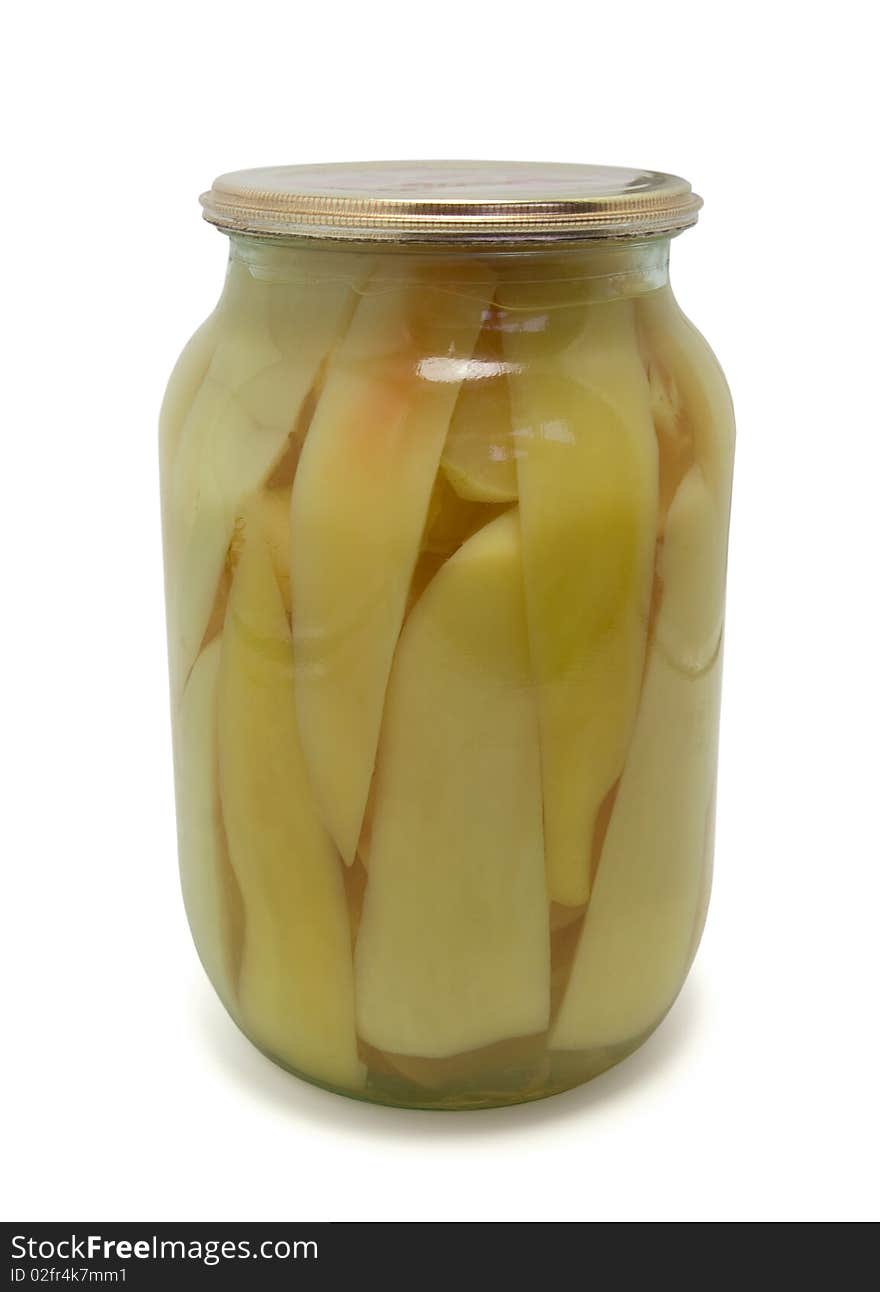 Tinned bell peppers in glass bank on white background. Tinned bell peppers in glass bank on white background