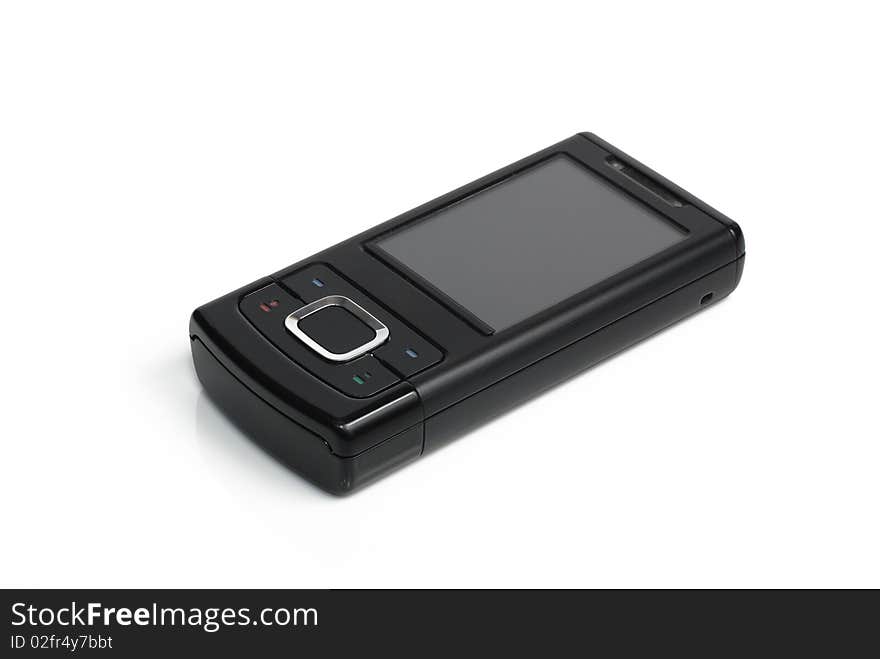 Black shiny cell phone with a blank screen on white background