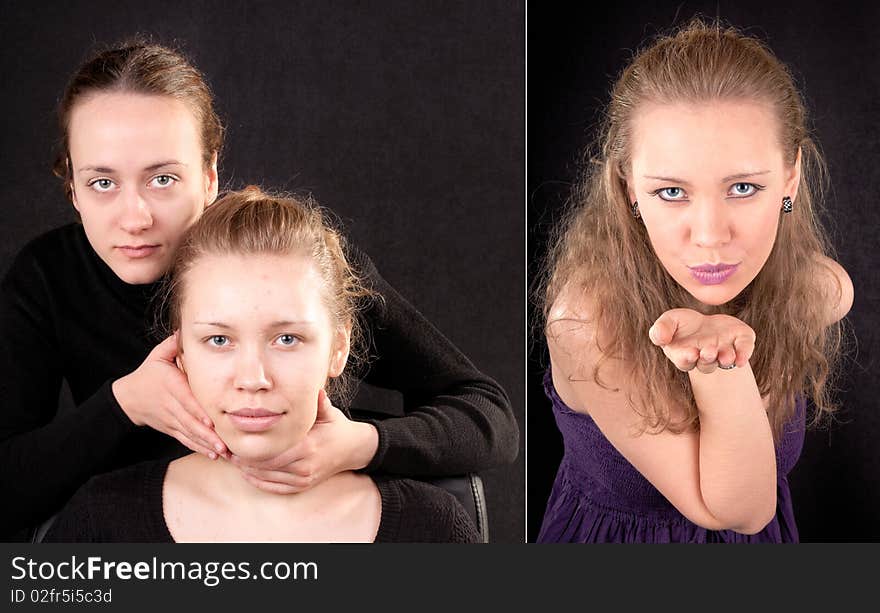 Portrait of a young playful girl on a party. before and after applying makeup. Portrait of a young playful girl on a party. before and after applying makeup.