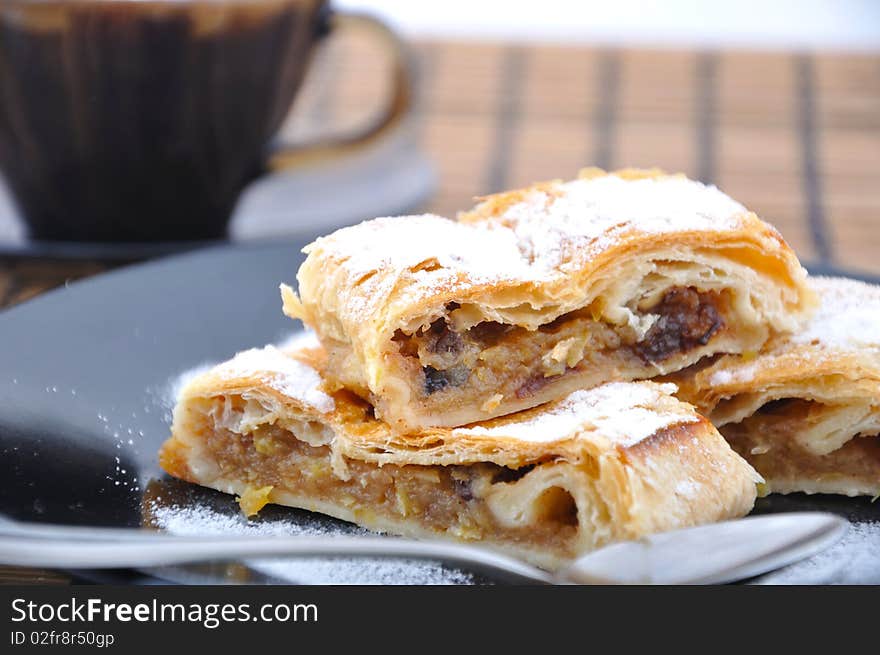 Apple pie on plate with coffee. Apple pie on plate with coffee