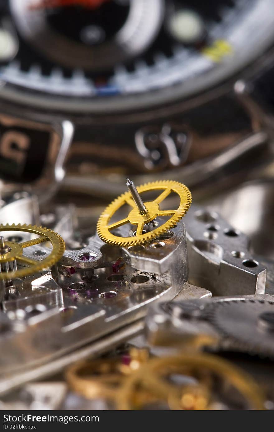 Mechanism is of disassembled wristwatch. Macro shooting