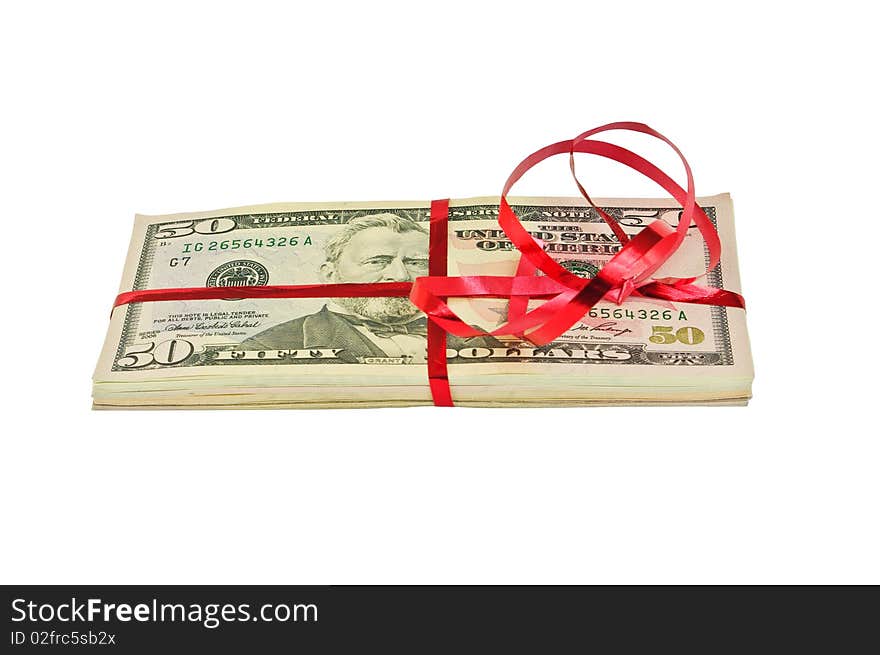 Stack of dollars tied up with ribbon. Stack of dollars tied up with ribbon