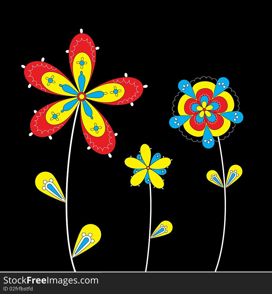 Three flowers on black background