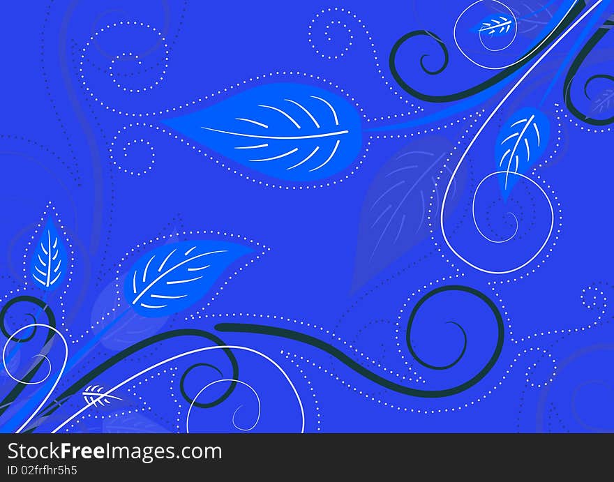 Blue spring background with leaves and curly branches