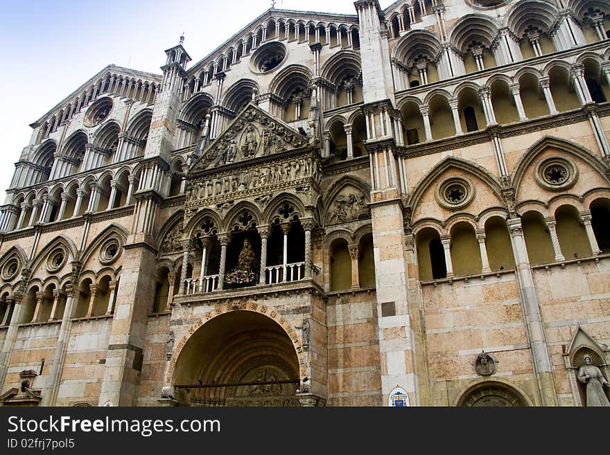 Detail of the facade of the cathedral of Ferrara