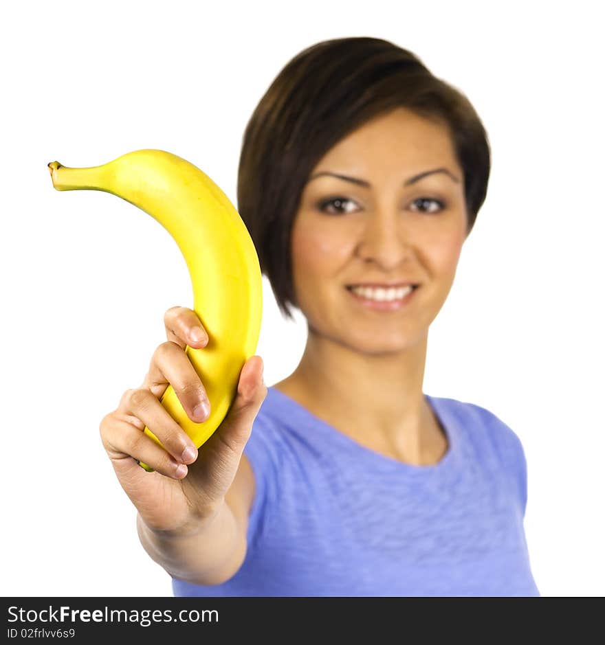 Smiling Young Woman Holds A Banana