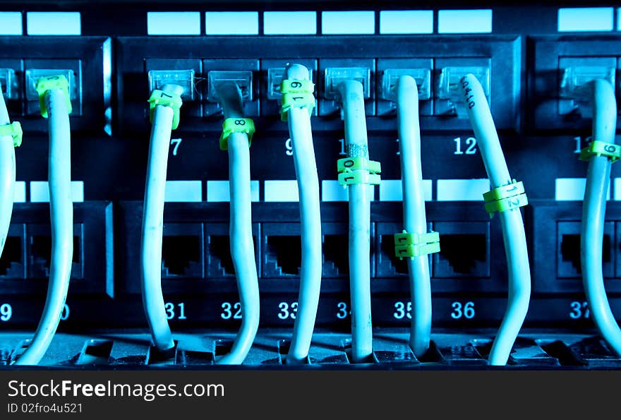 Network cables with blue light. Technology image