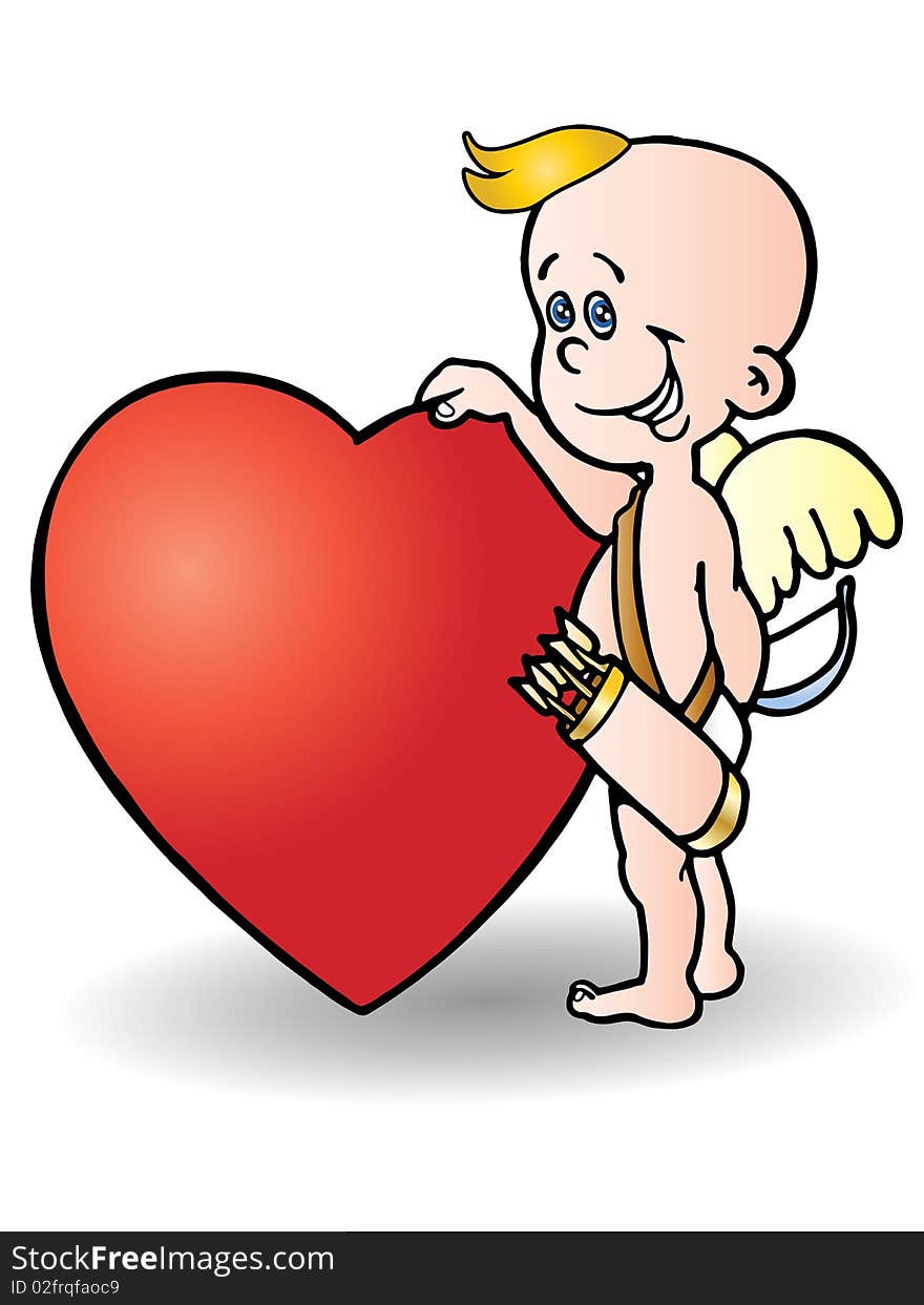 Cupid holding big red love you can write something, love illustration. Cupid holding big red love you can write something, love illustration