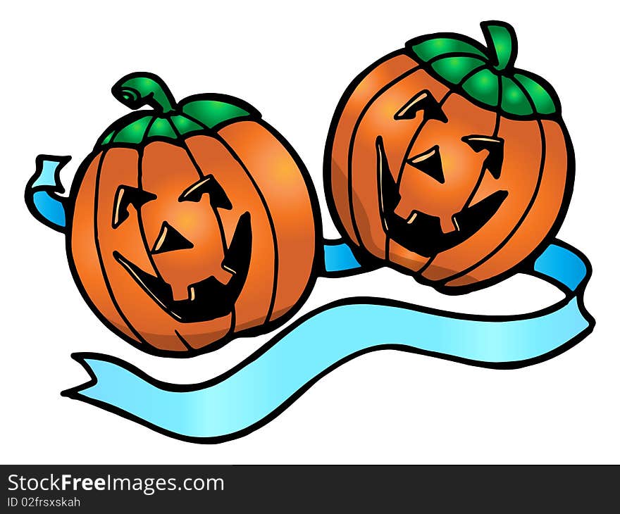 Blue banner ribbon around Halloween pumpkins over isolated white background;  Halloween  illustration