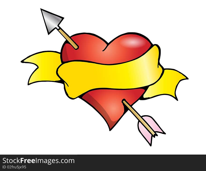 Yellow banner around heart symbol penetrate by an arrow. Yellow banner around heart symbol penetrate by an arrow