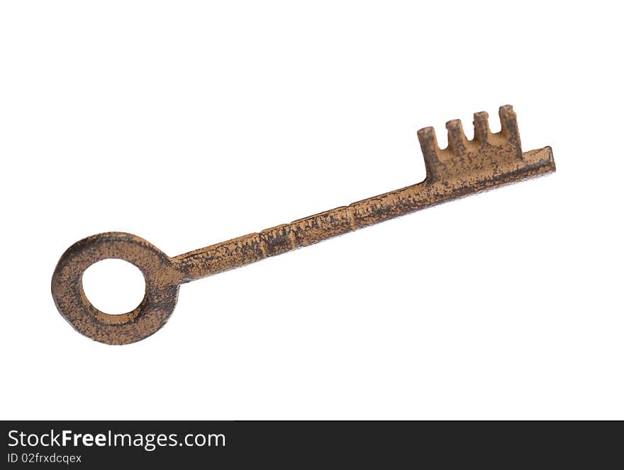 A photo of one old key on a over white background